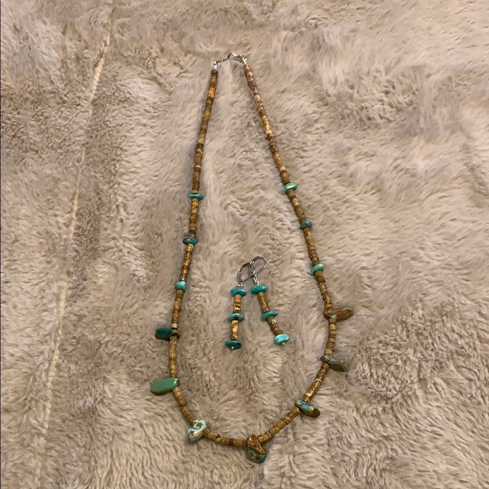 Authentic American Turquoise and Jasper heishi Necklace and Earring Set 24”